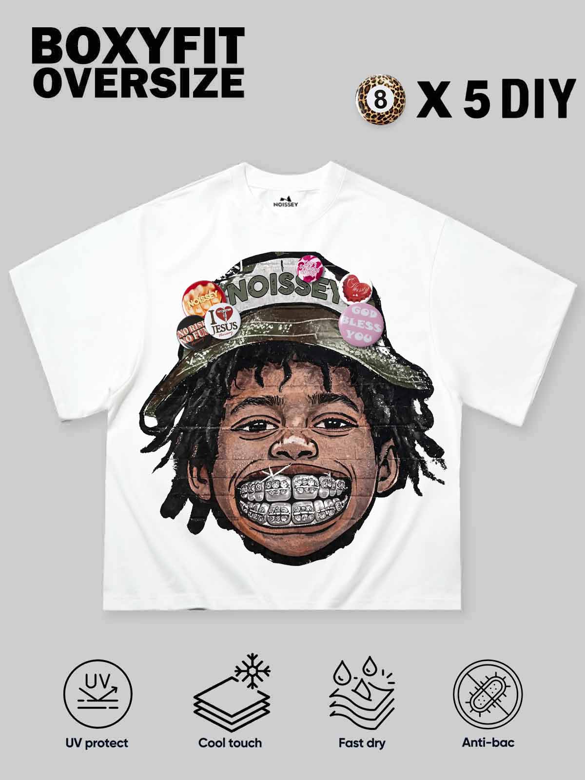 NOISSEY Badge Bucket Hat Iced-Out Grillz Skater Kid Boxy Graphic Tee