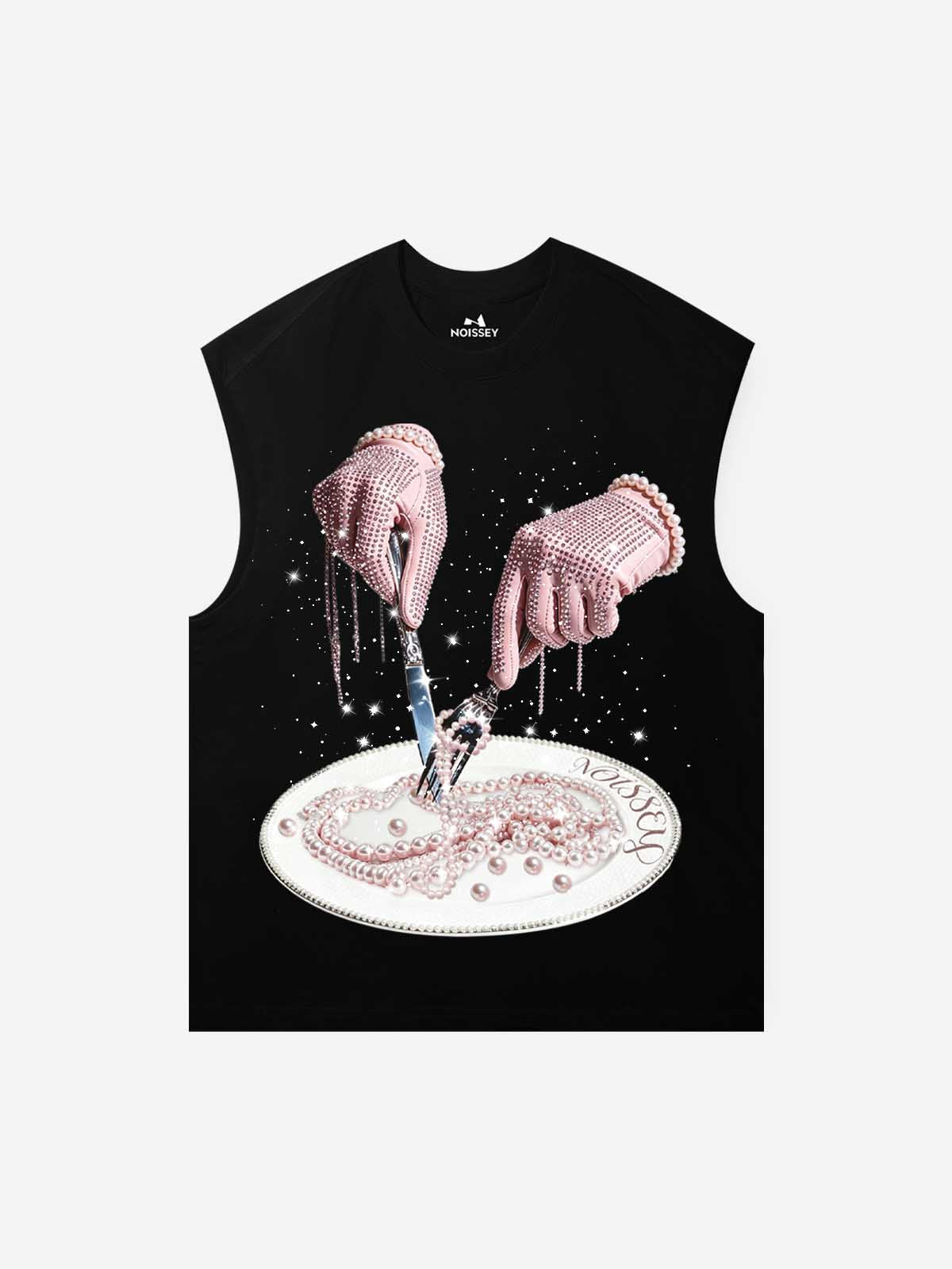 NOISSEY Pink Pearl Plate &amp; Iced Gloves Rhinestone Graphic Vest - Jet Black