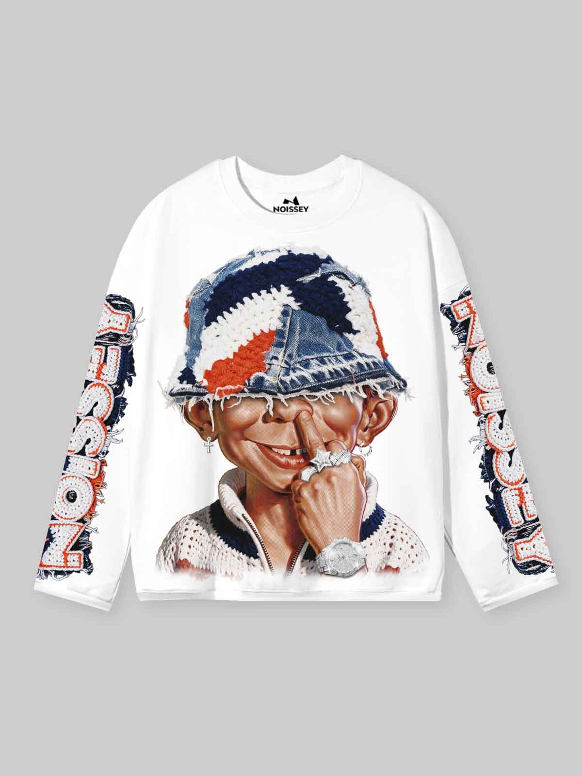 NOISSEY "Bad Boy" Crochet Bucket Hat Printed Graphic Boxy Sweatshirt -  White
