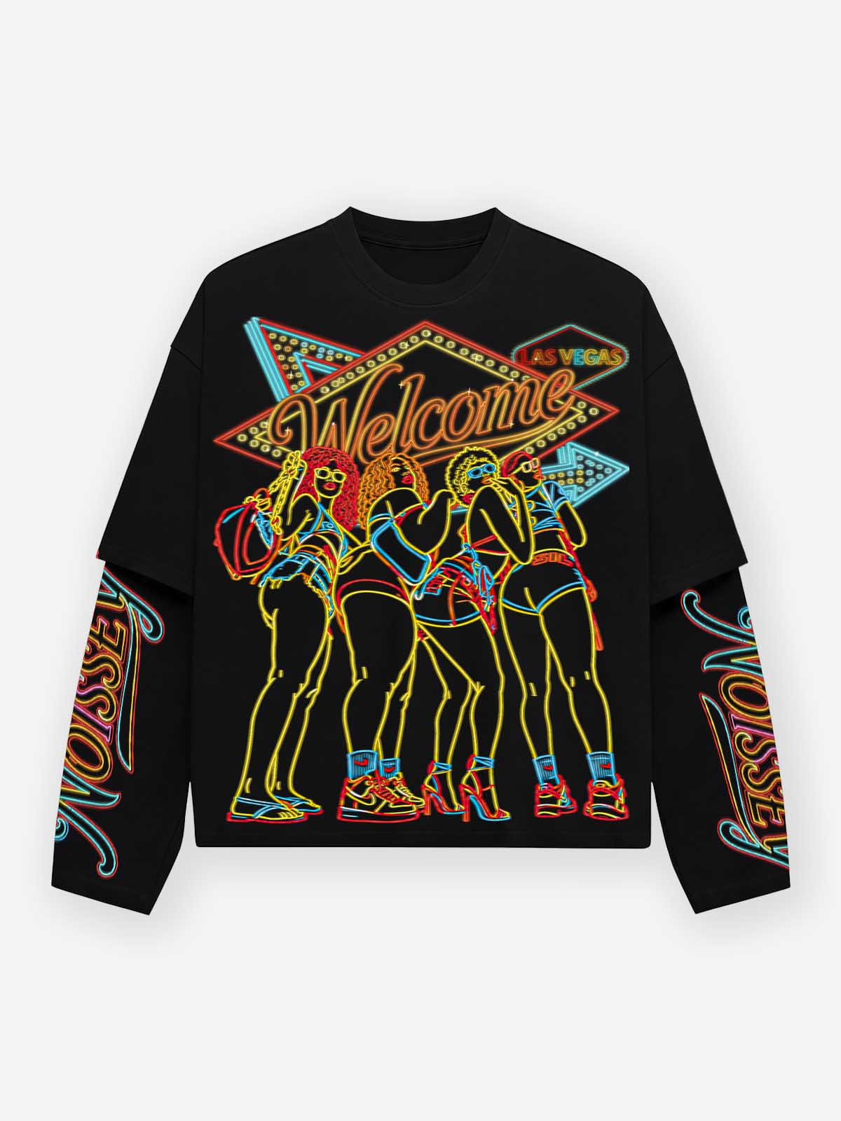 NOISSEY Neon Light Line Art Las Vegas Women Black Faux-Layer Long Sleeve Shirt
