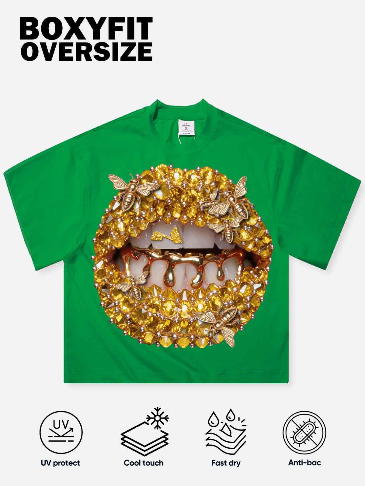 NOISSEY "Golden Bee" Green Tee - Boxy Lip Print T-Shirt