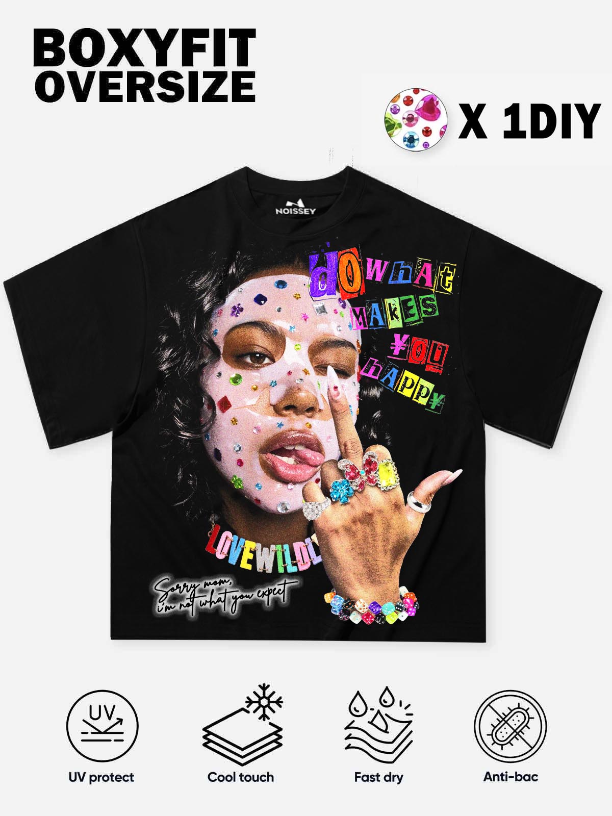 NOISSEY Rhinestone Face Mask & Street Hand Gesture Magazine Collage Graphic Cropped Tee (Pitch Black)