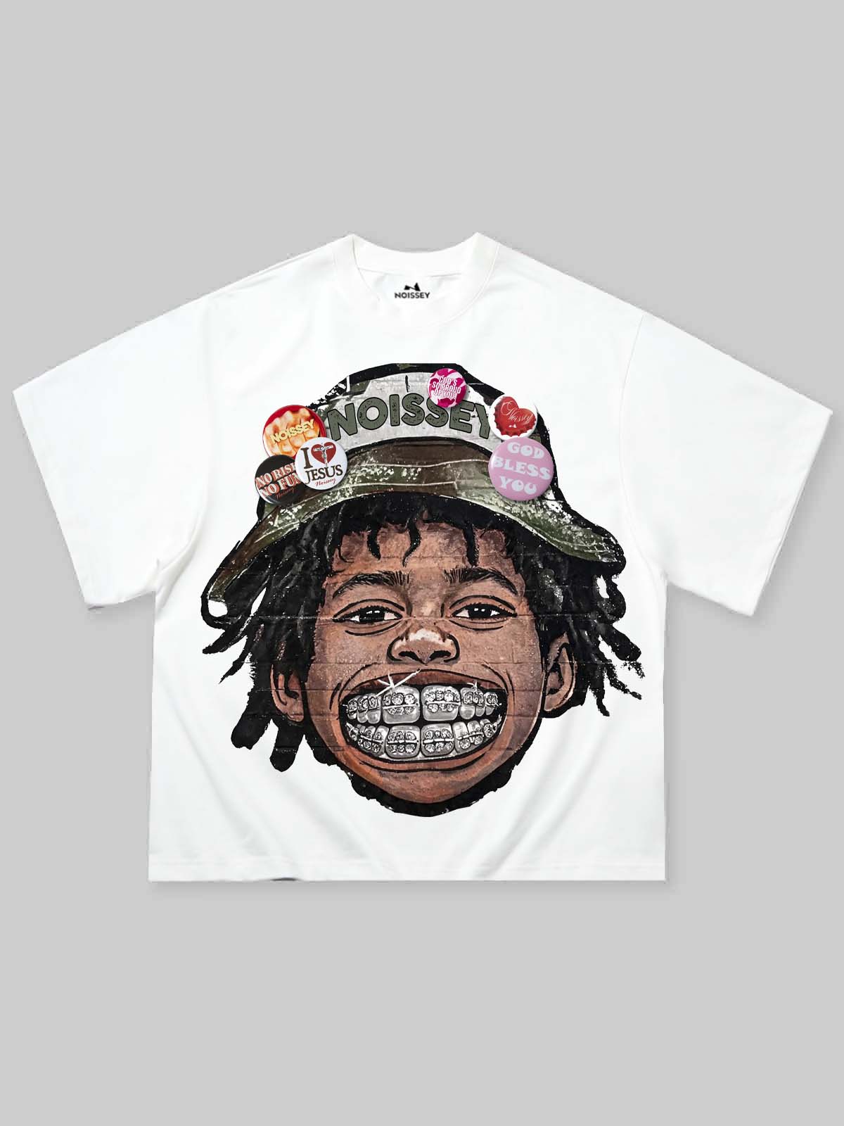 NOISSEY Badge Bucket Hat Iced-Out Grillz Skater Kid Boxy Graphic Tee