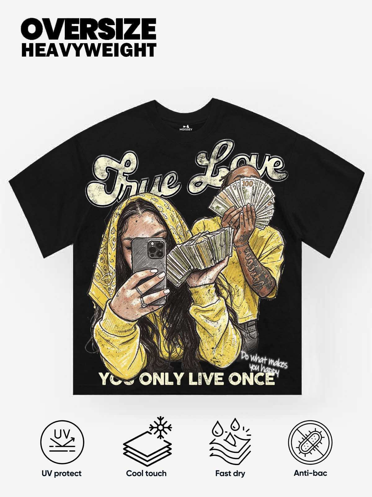 NOISSEY "True Love" Money Couple & YOLO Graphic Oversized Black T-Shirt