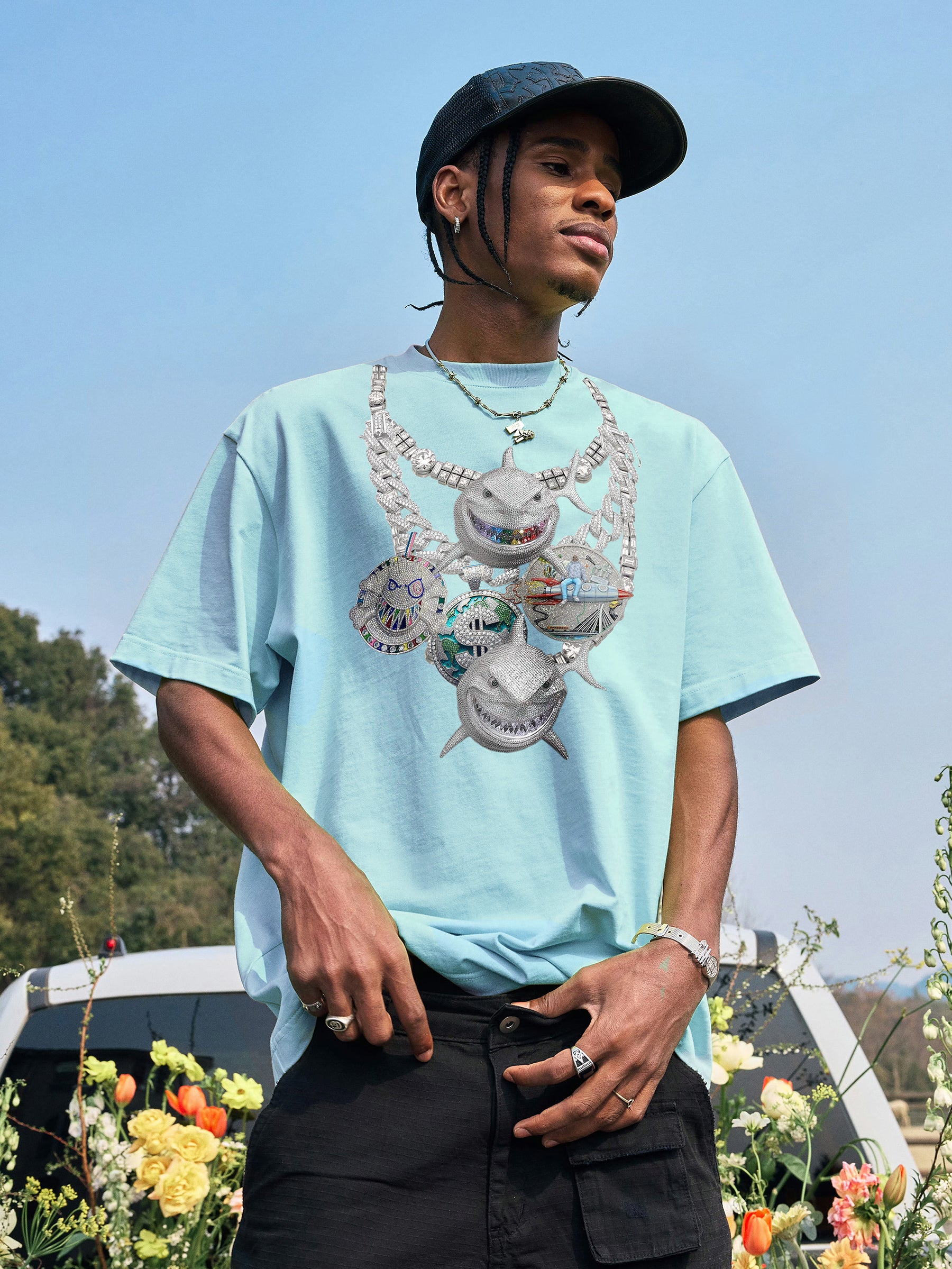 BOUNCE BACK© sky blue diamond necklace print T-shirt