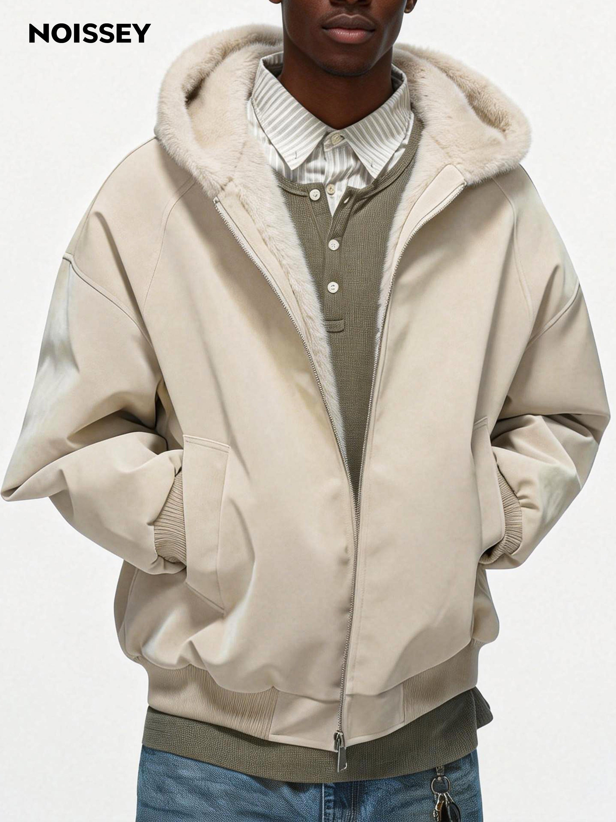 Fleece-lined Thickened Leather Coat with Fur Collar