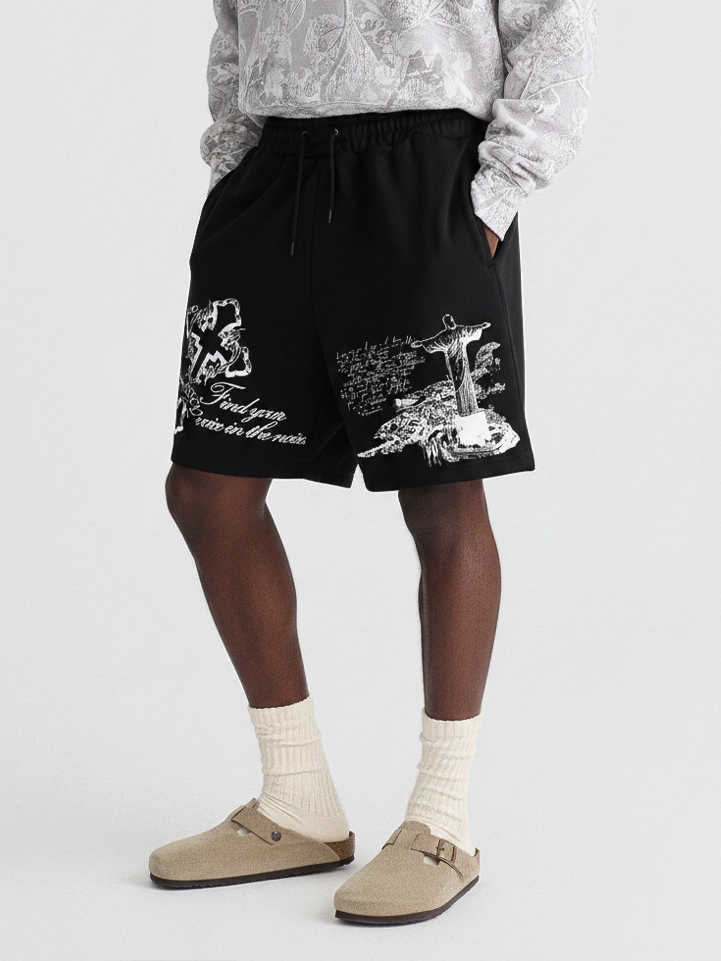 NOISSEY Waters of Faith Christ Cross Art Distressed Print Shorts-Onyx Black