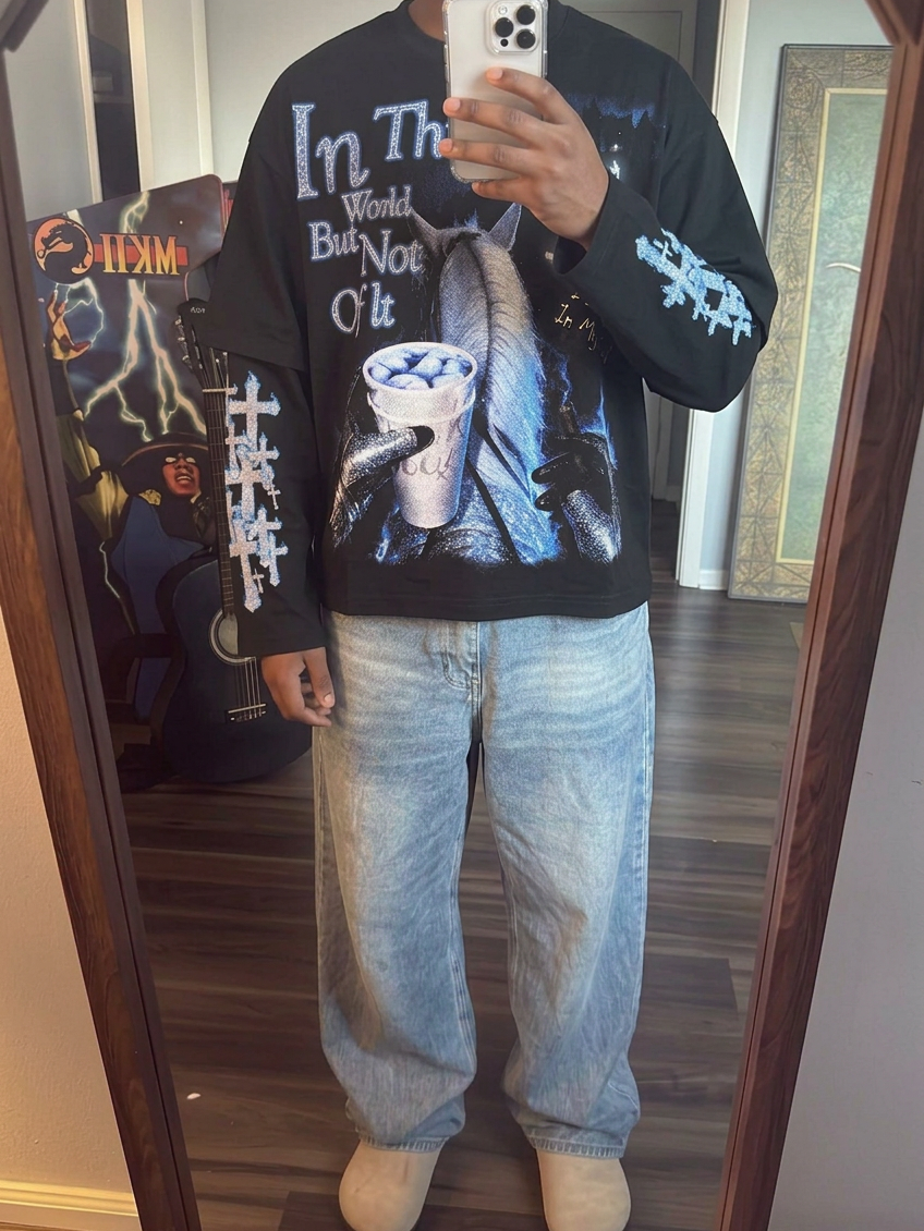 NOISSEY "In This World" Knight & White Horse Purple Cup Faux Layer Long Sleeve Tee