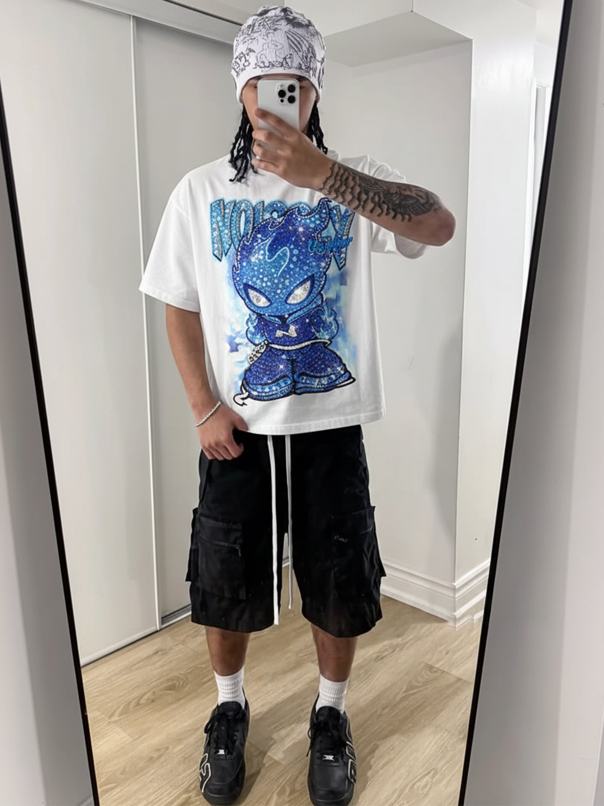 NOISSEY "BLUE ICE FLAME" ICED-OUT CHARACTER ART HEAVYWEIGHT T-SHIRT