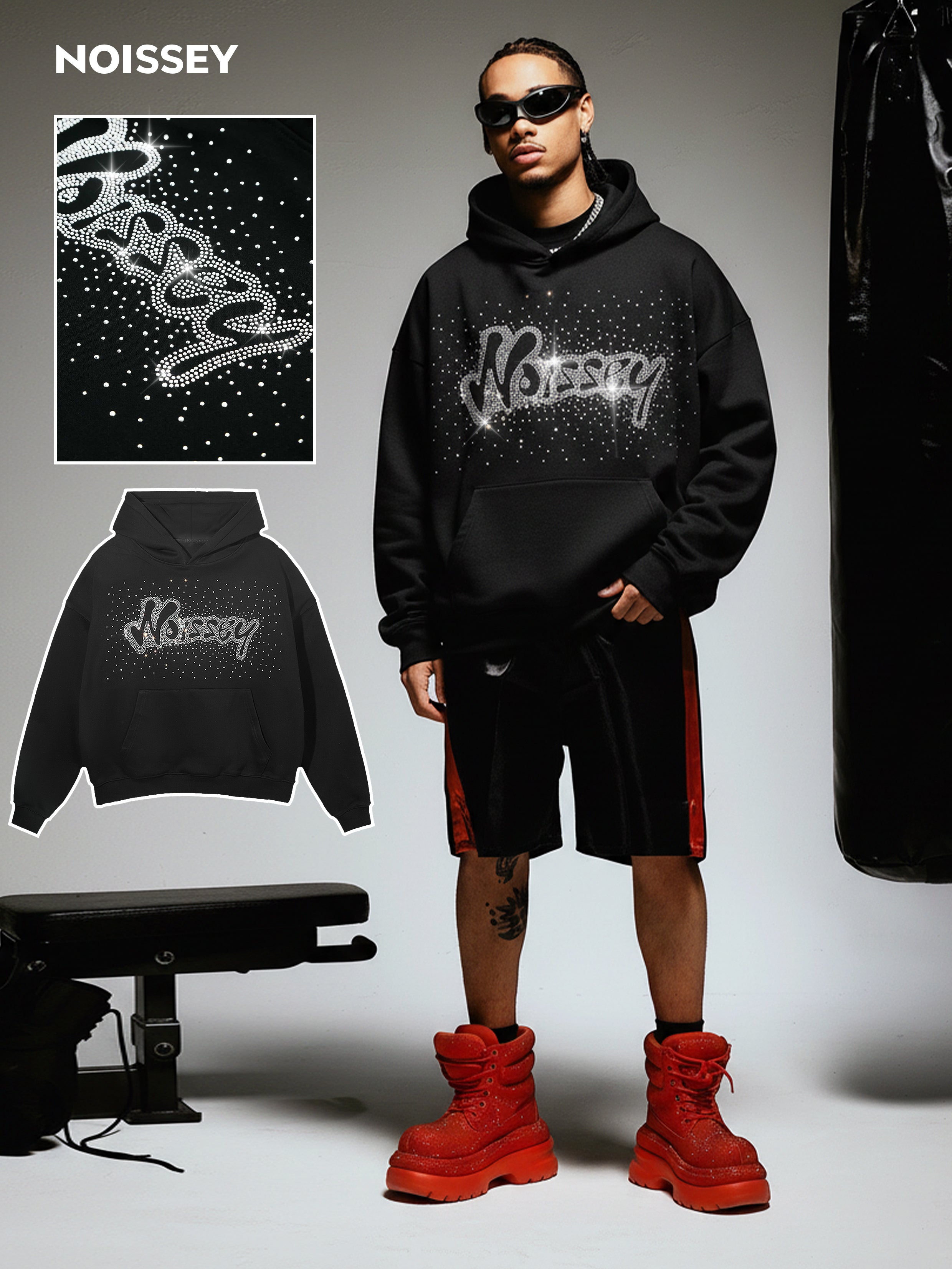 Noissey Rhinestone Logo Glitter Boxy Hoodie