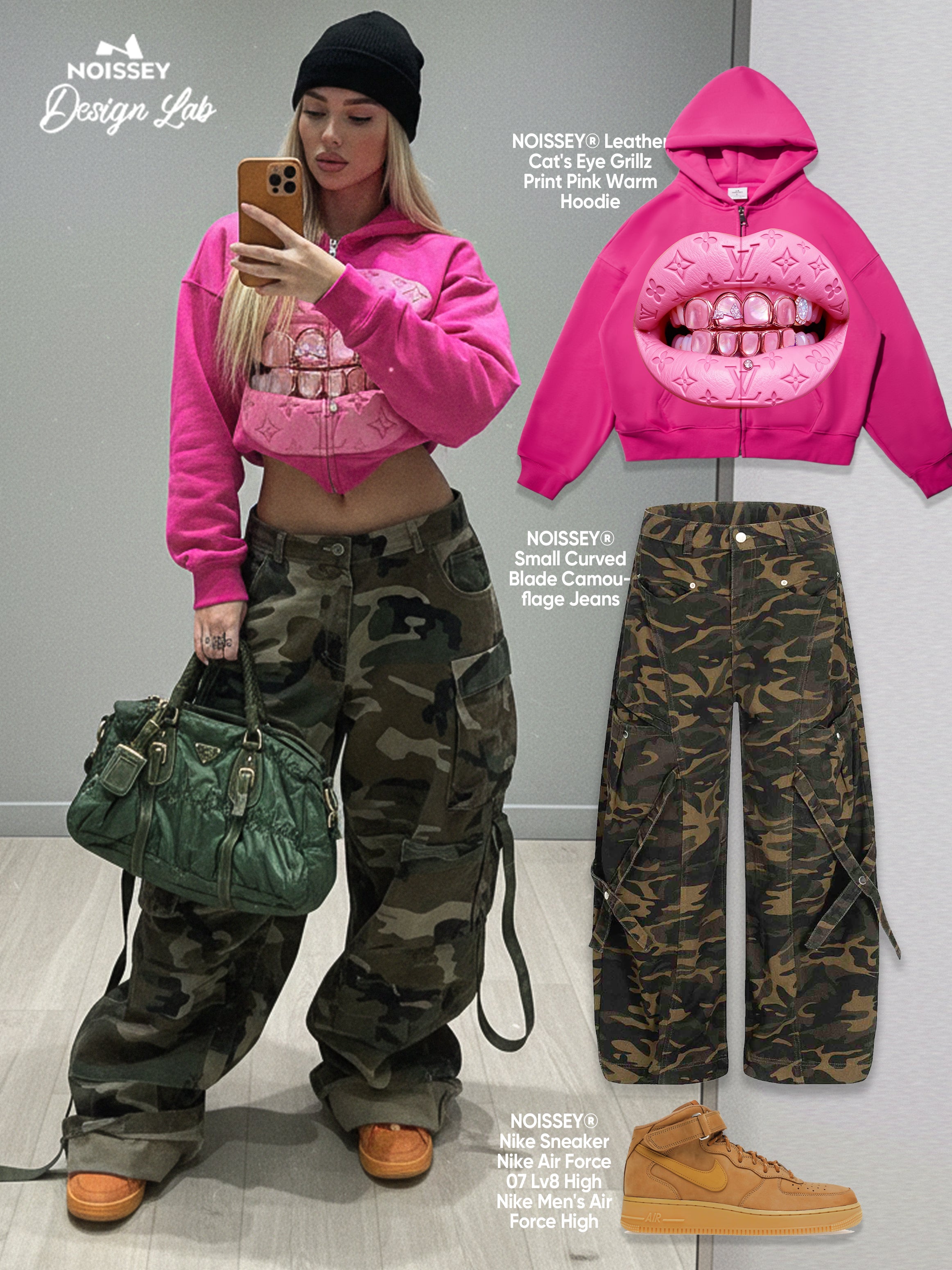 Leather Cat's Eye Grillz Print Pink Warm Hoodie