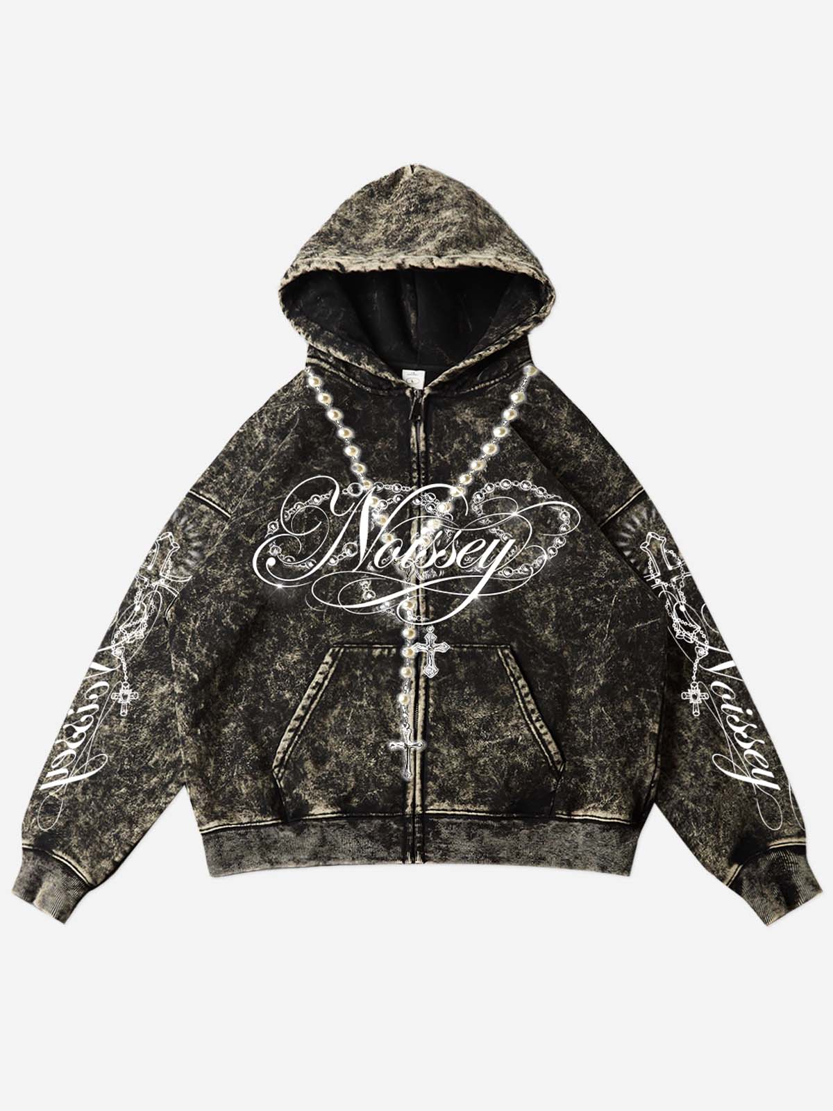 NOISSEY Vintage Washed Black Pearl Necklace Accessory & Printed Cross Zip-Up Hoodie