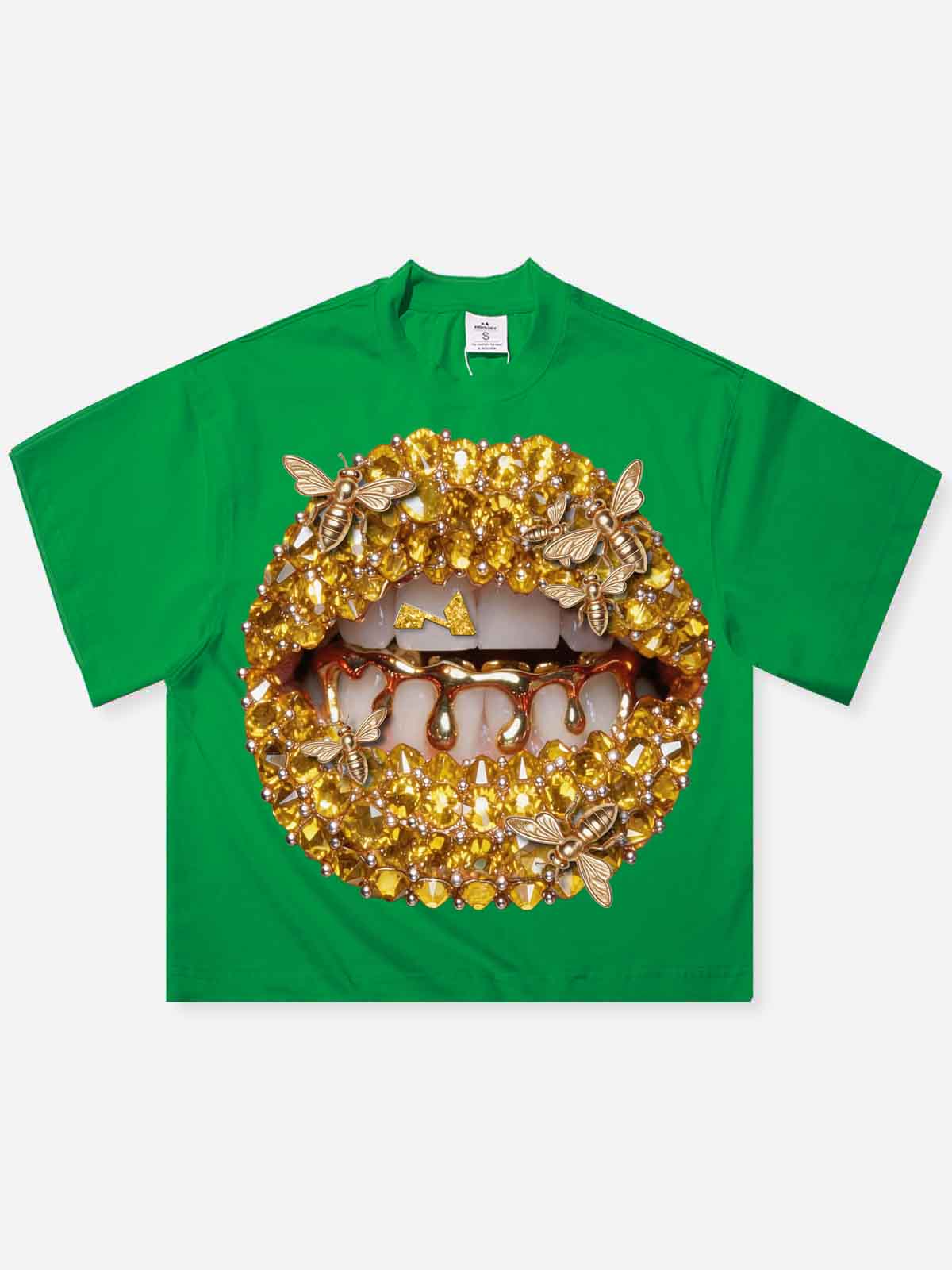 NOISSEY "Golden Bee" Green Tee - Boxy Lip Print T-Shirt
