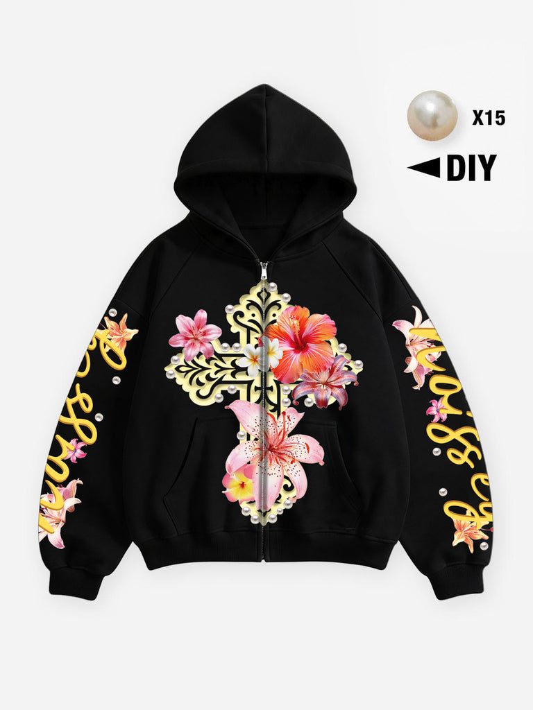 NOISSEY Floral Cross Graphic Full Zip Hoodie Jet Black