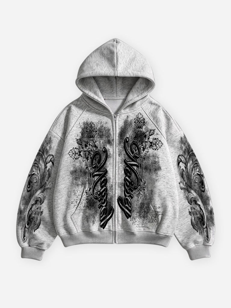 NOISSEY Washed Baroque Carving Full-Zip Hoodie Acid Wash Grey