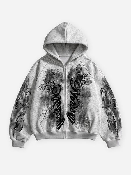 NOISSEY Washed Baroque Carving Full-Zip Hoodie Acid Wash Grey