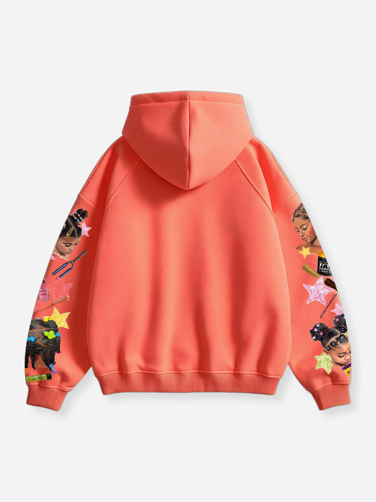 NOISSEY Whimsical Braided Girl Art Graphic Full-Zip Hoodie - Vibrant Orange