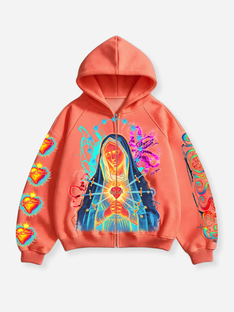 NOISSEY Thermal Mater Dolorosa Sacred Heart Zip Up Hoodie Orange