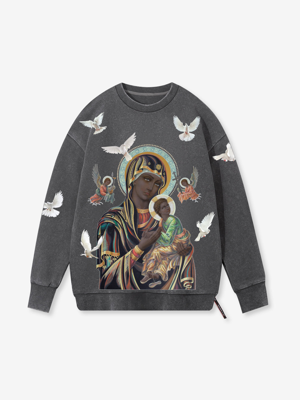 UNKNOWN ALLURE© Schwarzes Madonna 430g Vintage-Waschungs-Sweatshirt mit Rundhalsausschnitt