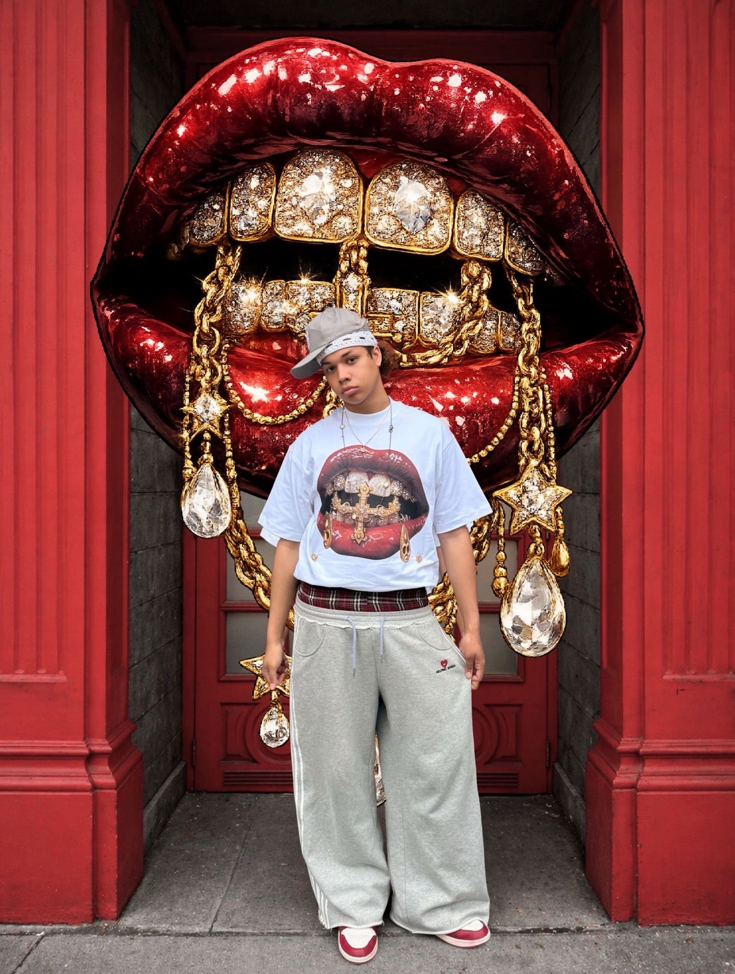 Heavyweight White T-Shirt with Surrealist Gold Cross & Mask Lip Graphic Streetwear