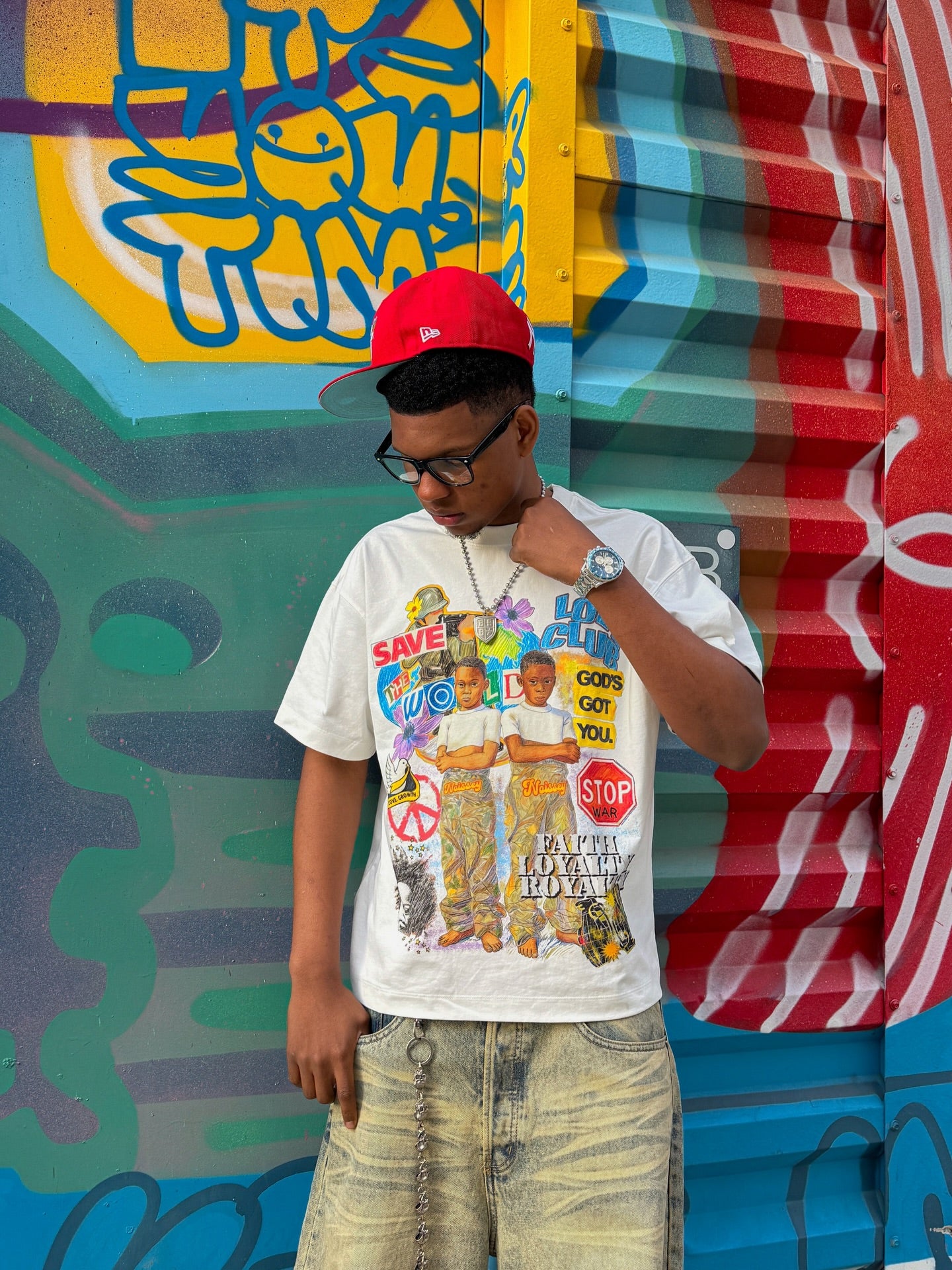 NOISSEY "Save The World" Peace Collage T-Shirt - Stop War & Faith Loyalty Graffiti Graphic Tee