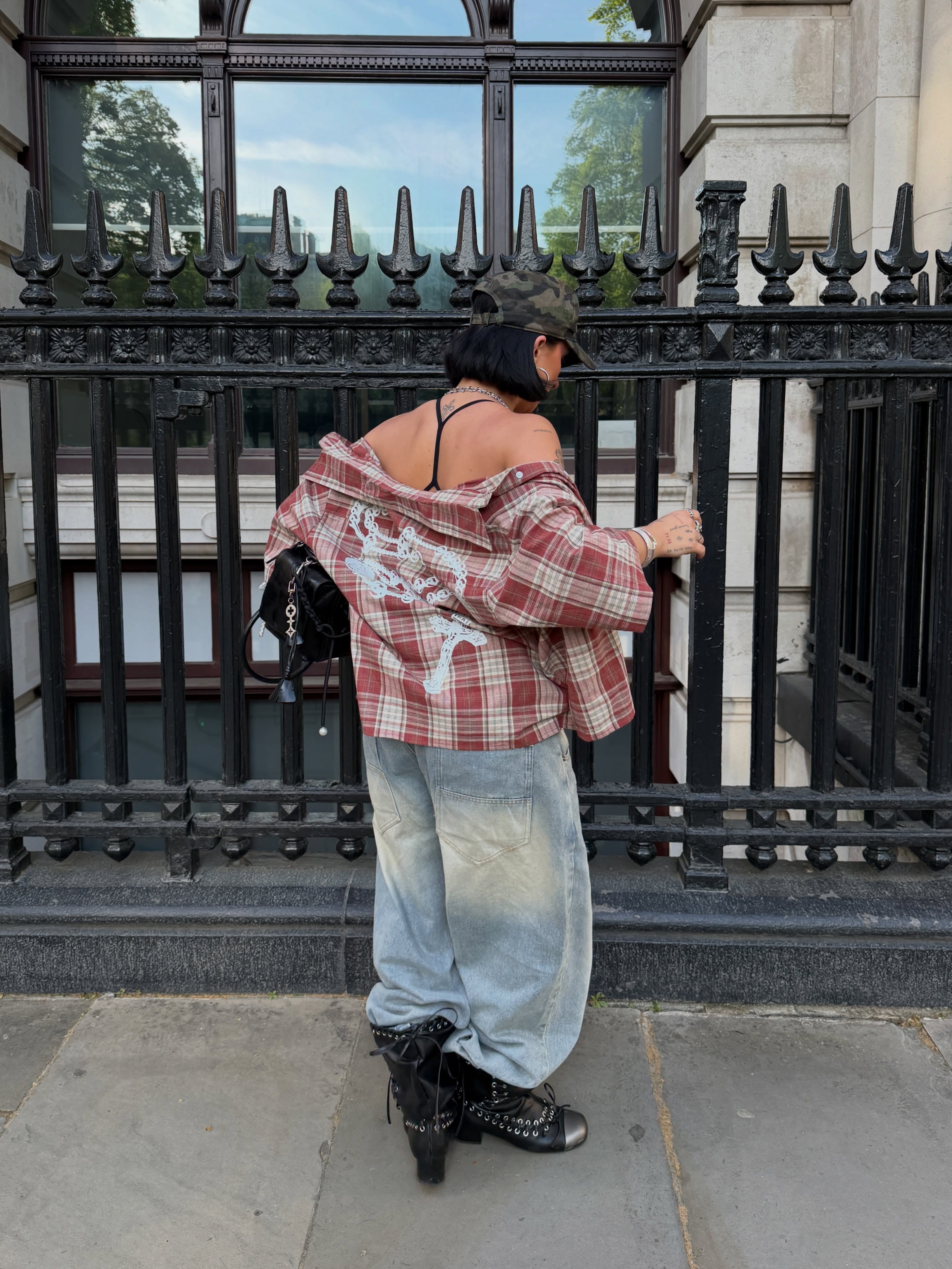 NOISSEY "Rich in Faith" Vintage Red & White Plaid Shirt | Rosary & Cross Back Graphic Oversized Short Sleeve