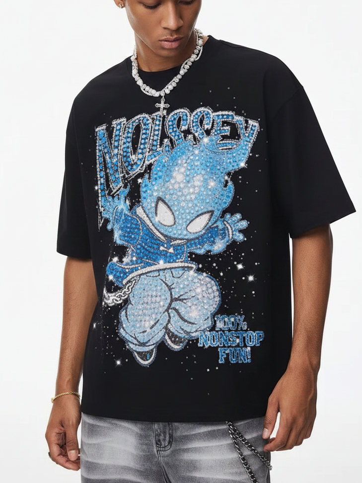 NOISSEY "Blue Ignite" Boxy Heavyweight Crystal Art Tee - Midnight Black