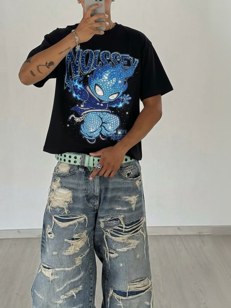 NOISSEY "Blue Ignite" Boxy Heavyweight Crystal Art Tee - Midnight Black