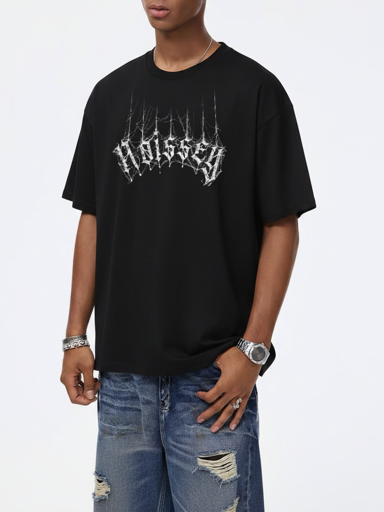NOISSEY "Dark Web" Geometric 3D Spiderweb Dual-Sided Graphic Oversized T-Shirt