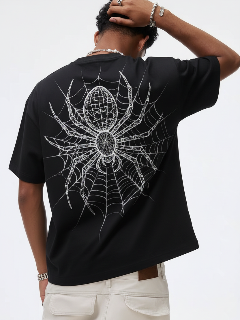 NOISSEY "Dark Web" Geometric 3D Spiderweb Dual-Sided Graphic Oversized T-Shirt