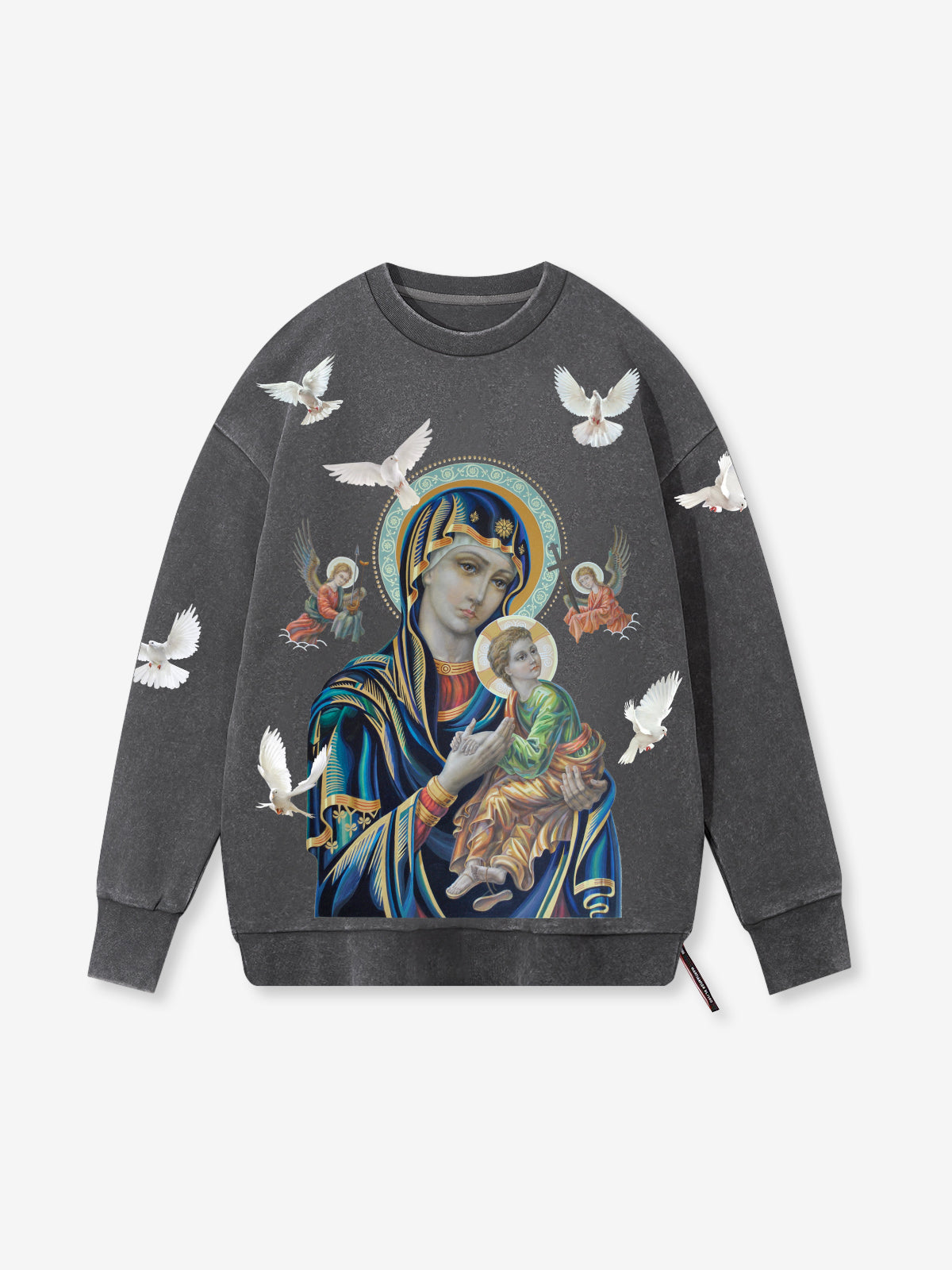 UNKNOWN ALLURE© Schwarzes Madonna 430g Vintage-Waschungs-Sweatshirt mit Rundhalsausschnitt