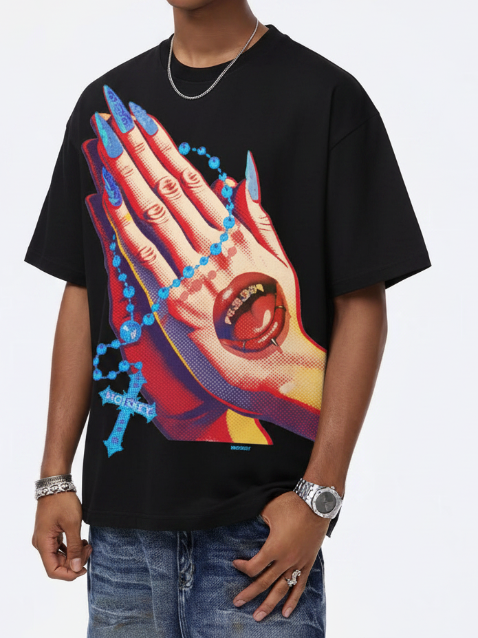 NOISSEY Vintage Pop Art Praying Hands & Rosary Graphic Oversized T-Shirt - Black