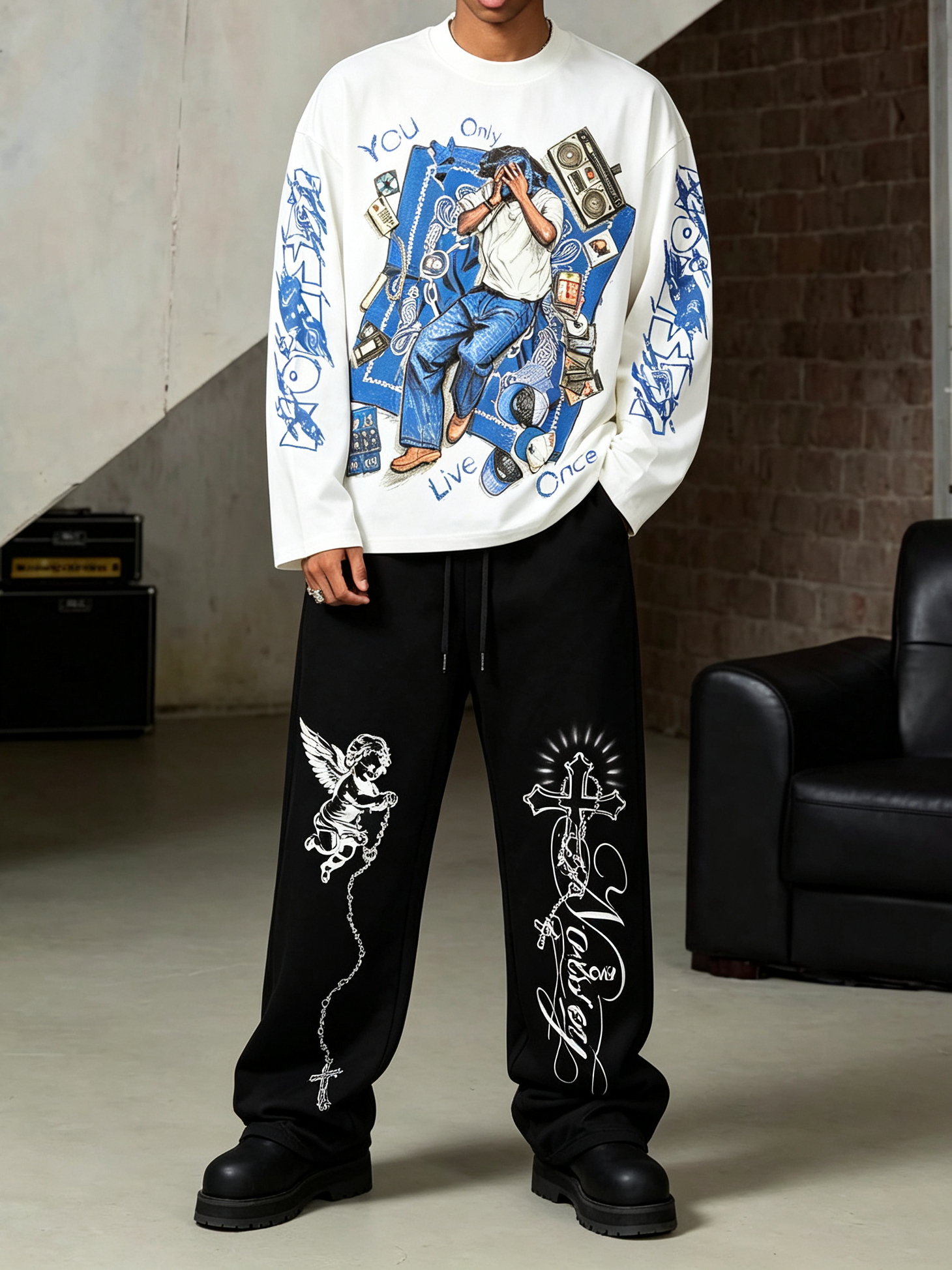 NOISSEY YOLO Blue Paisley Vintage Rap Sketch Graphic Long Sleeves