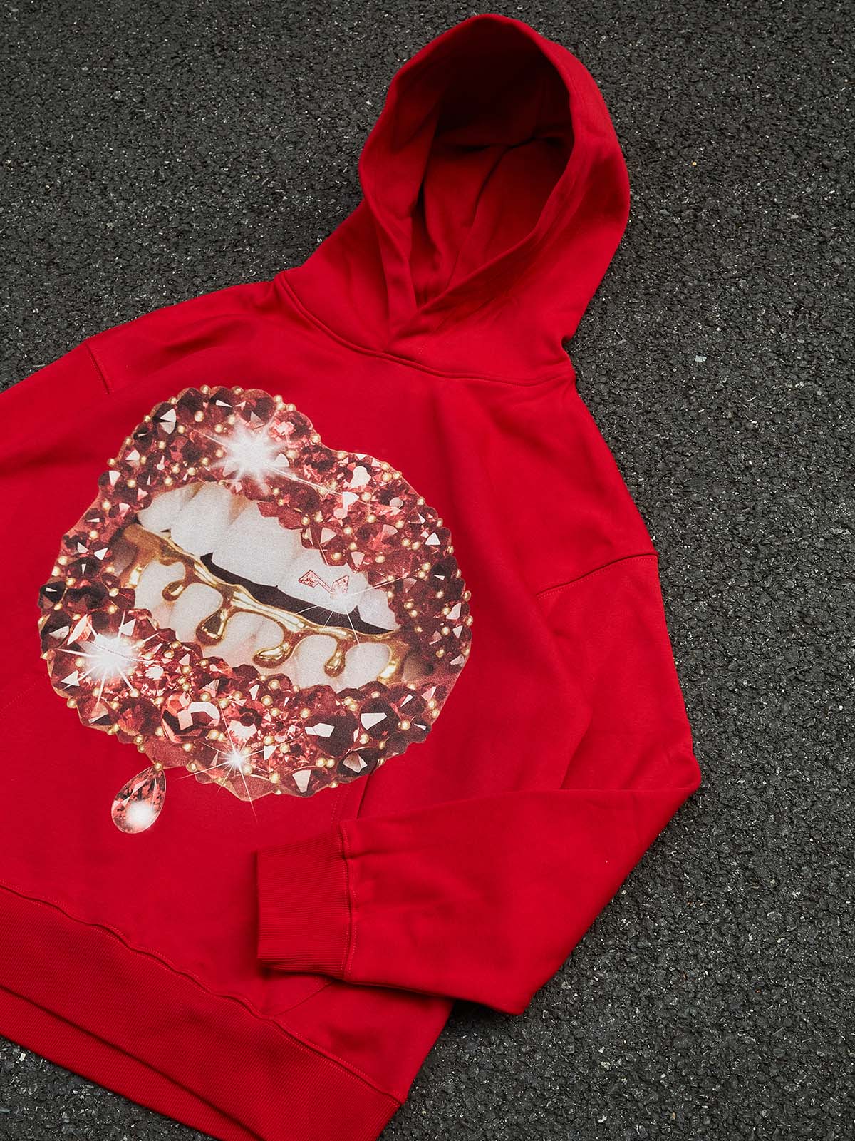 NOISSEY "Ruby Glitz" Iced-Out Lip Graphic Hoodie - Crimson Red