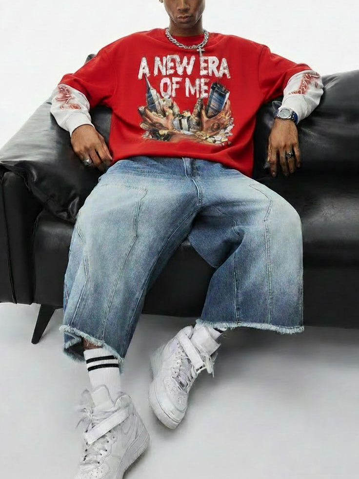 NOISSEY "A New Era Of Me" Double-Sleeve Graphic Sweatshirt - Crimson Red