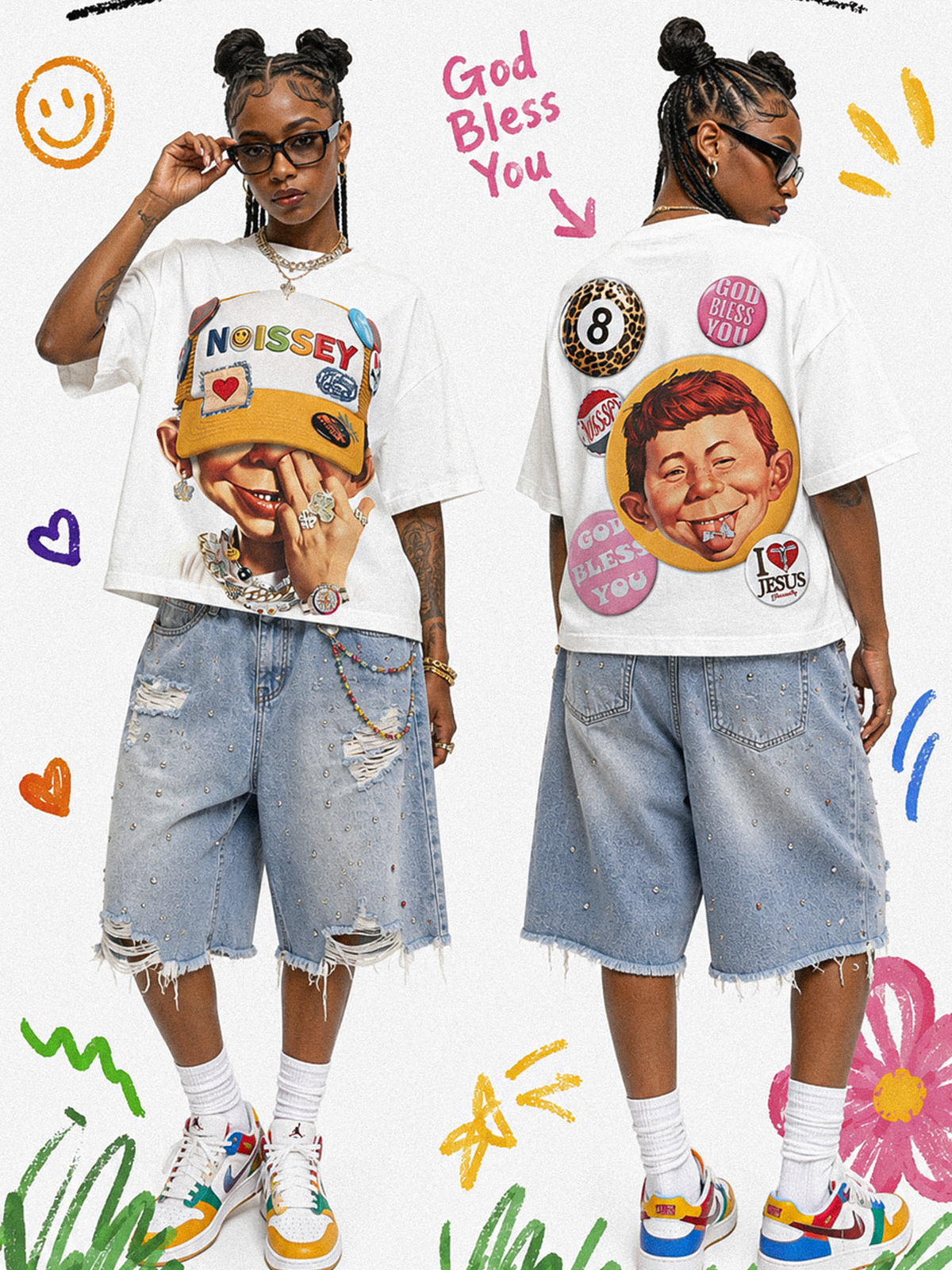 NOISSEY "Patchwork Bad Boy" Shimmering Jewelry Badge Cap Cartoon Portrait Oversized Tee