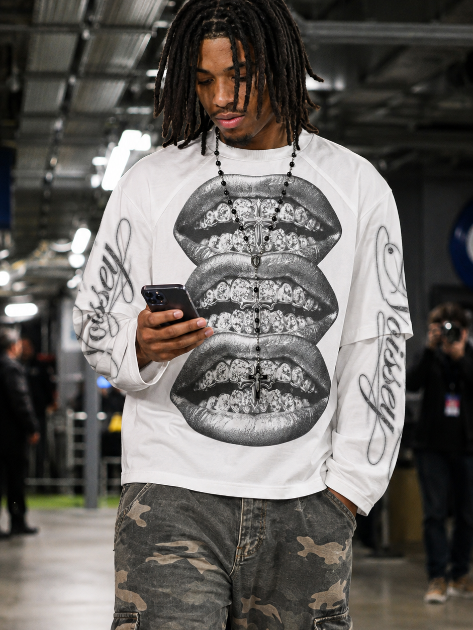 NOISSEY Monochrome Triple Iced-Out Cross Lips Faux Layer Long Sleeves - White Streetwear