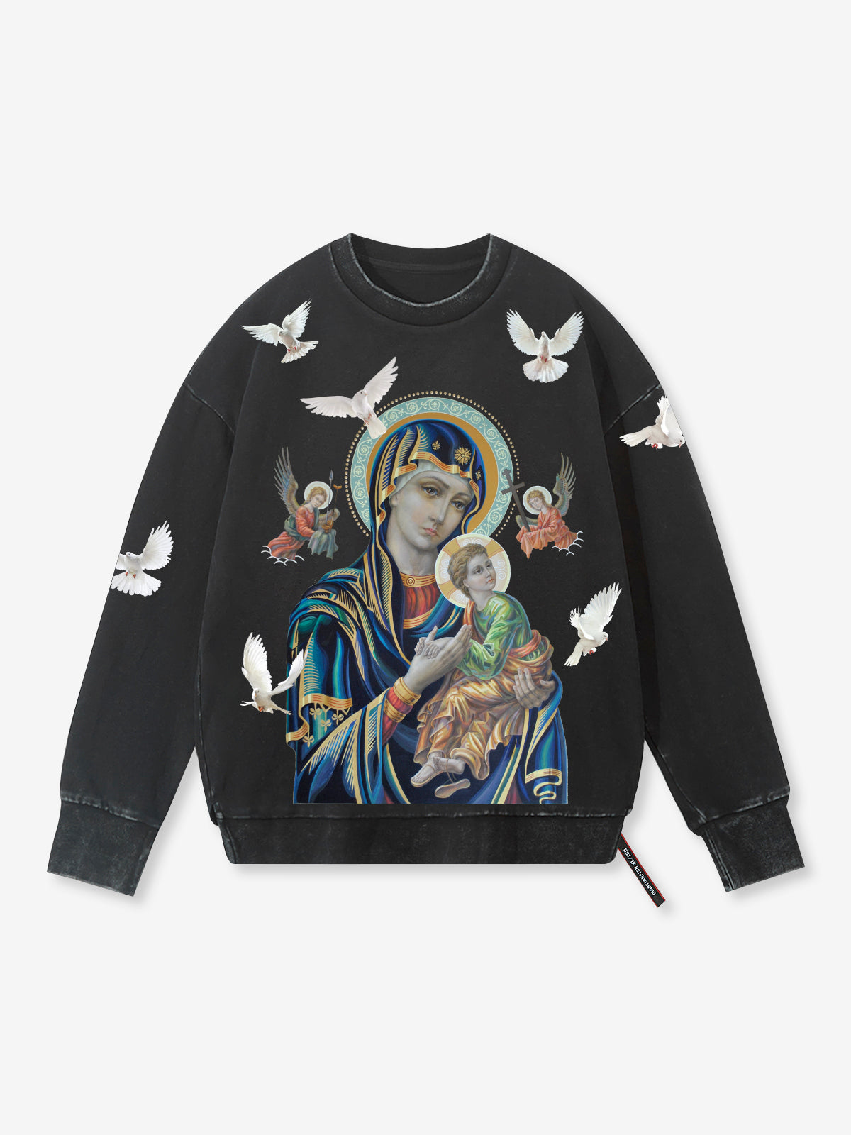 UNKNOWN ALLURE© Schwarzes Madonna 430g Vintage-Waschungs-Sweatshirt mit Rundhalsausschnitt