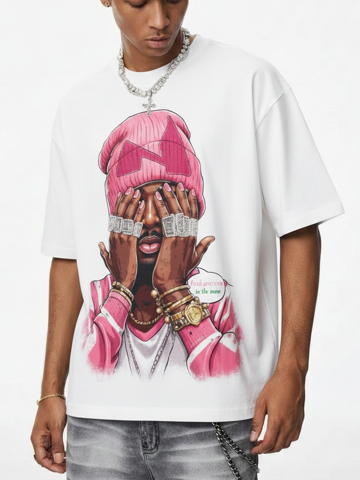 NOISSEY "Pink Beanie" Comic Portrait Iced-Out Hand Graphic Boxy T-Shirt