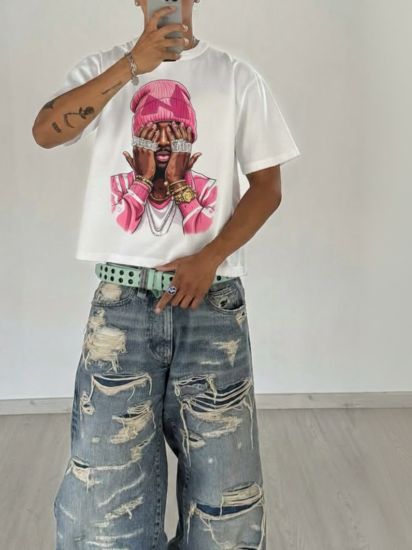 NOISSEY "Pink Beanie" Comic Portrait Iced-Out Hand Graphic Boxy T-Shirt