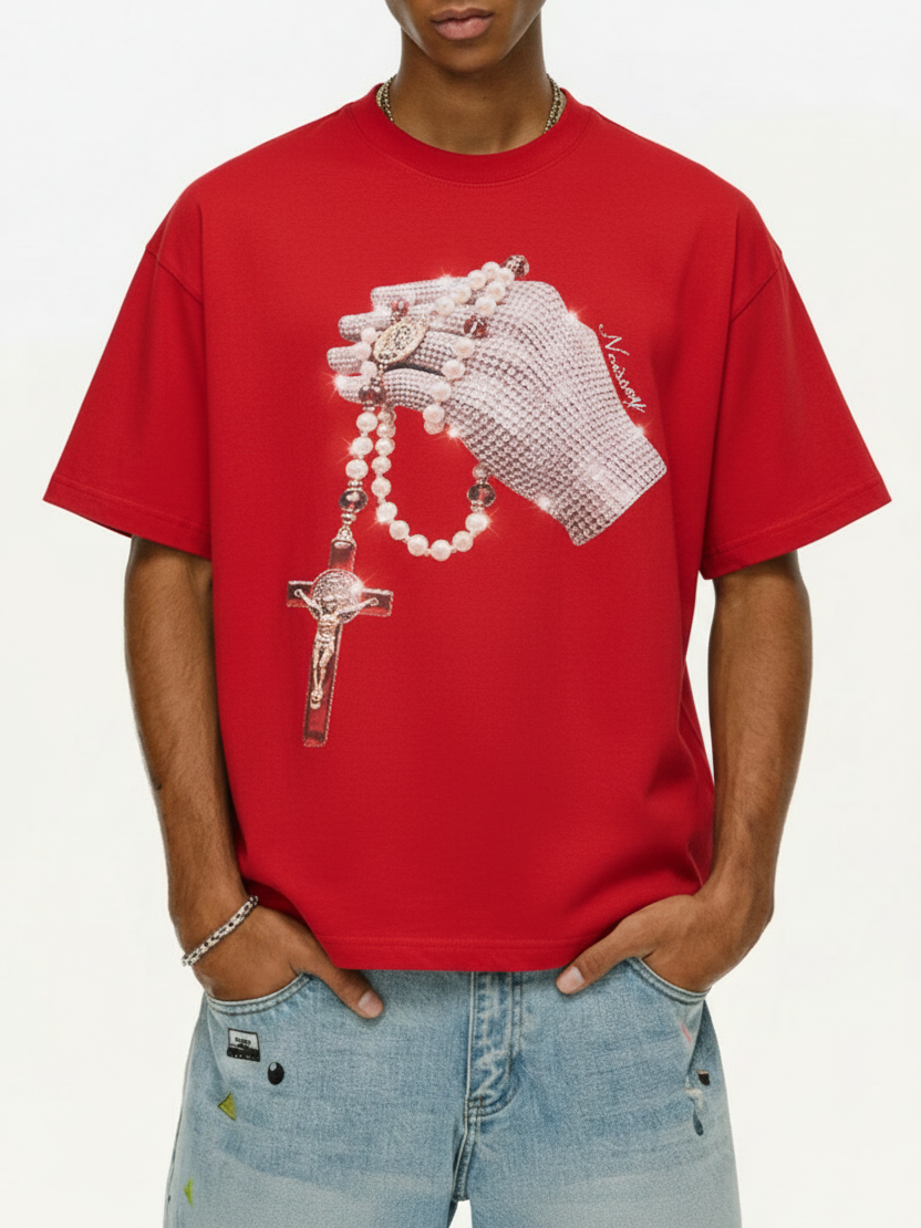 NOISSEY "Devotion Globe" Iced-Out Rhinestone Glove Sacred Pearl Rosary Heavyweight Boxy Tee