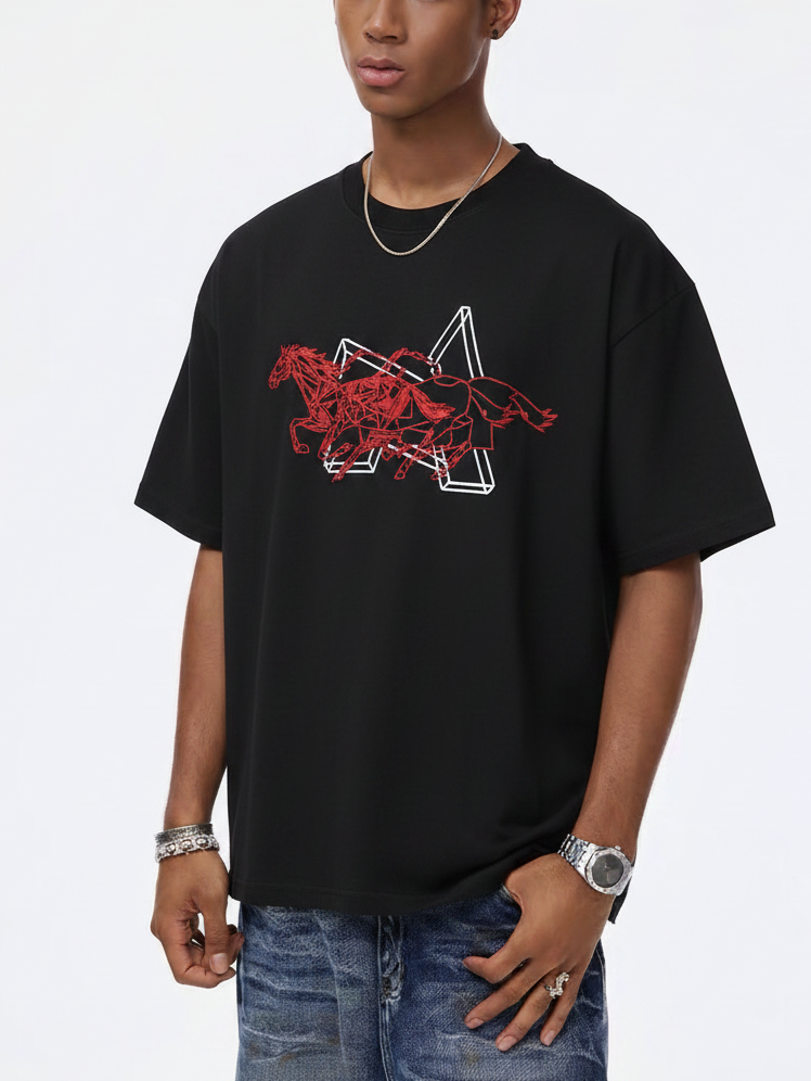 NOISSEY "Chrono Geometry" Overlapping Crimson Outlined Horse Geometric Oversized Tee