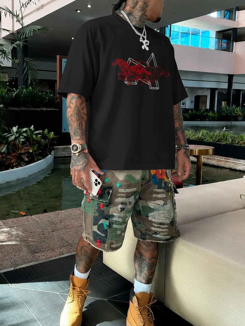 NOISSEY "Chrono Geometry" Overlapping Crimson Outlined Horse Geometric Oversized Tee