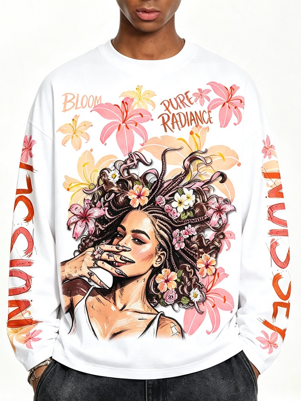NOISSEY Langarm-T-Shirt mit Graffiti-Motiv eines geflochtenen Mädchens und blühenden Blumen – Reines Weiß