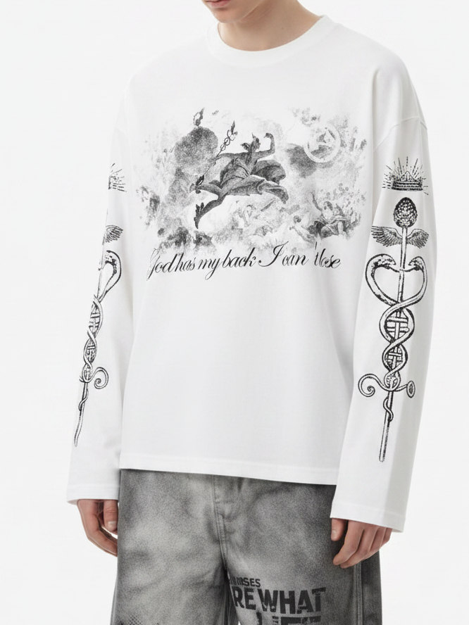 NOISSEY "Divine Herald" Greek Mythology Engraving Long-Sleeve Tee - Pure White