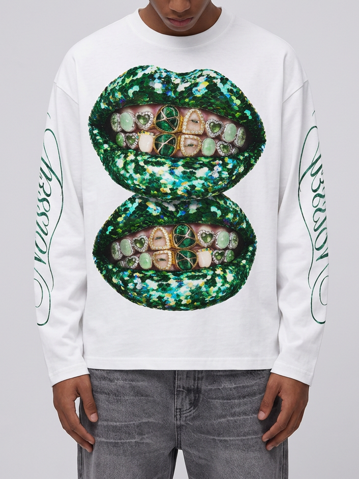 NOISSEY Double Green Glitter Lips Marble Grillz White Long Sleeve Shirt