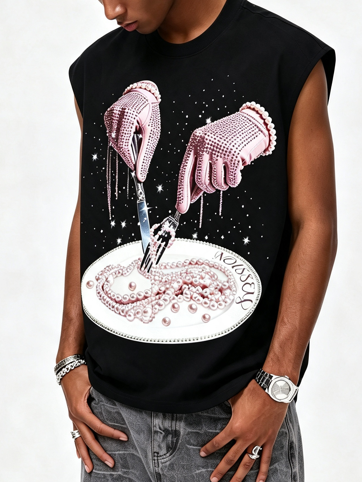 NOISSEY Pink Pearl Plate &amp; Iced Gloves Rhinestone Graphic Vest - Jet Black