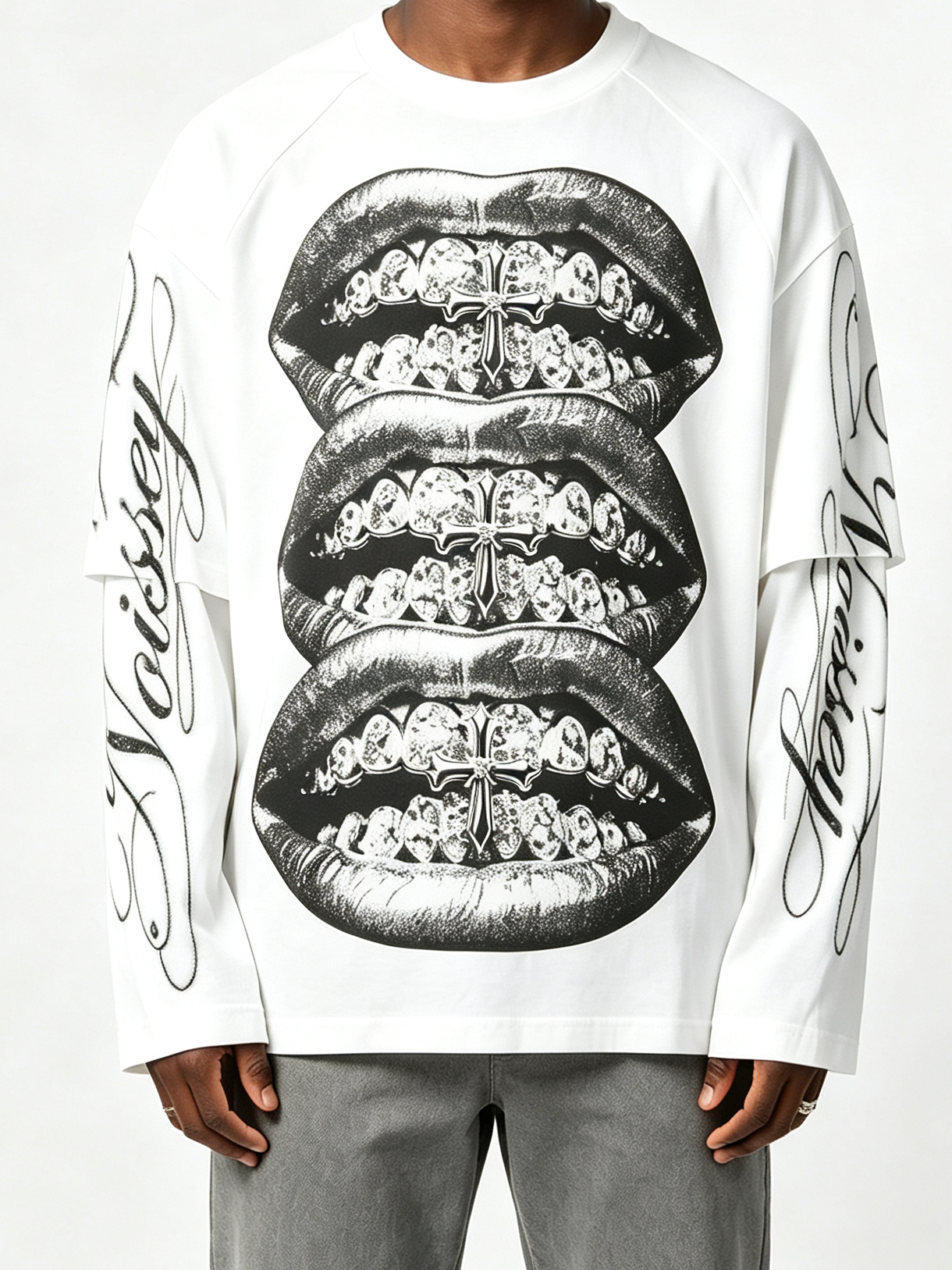 NOISSEY Monochrome Triple Iced-Out Cross Lips Faux Layer Long Sleeves - White Streetwear