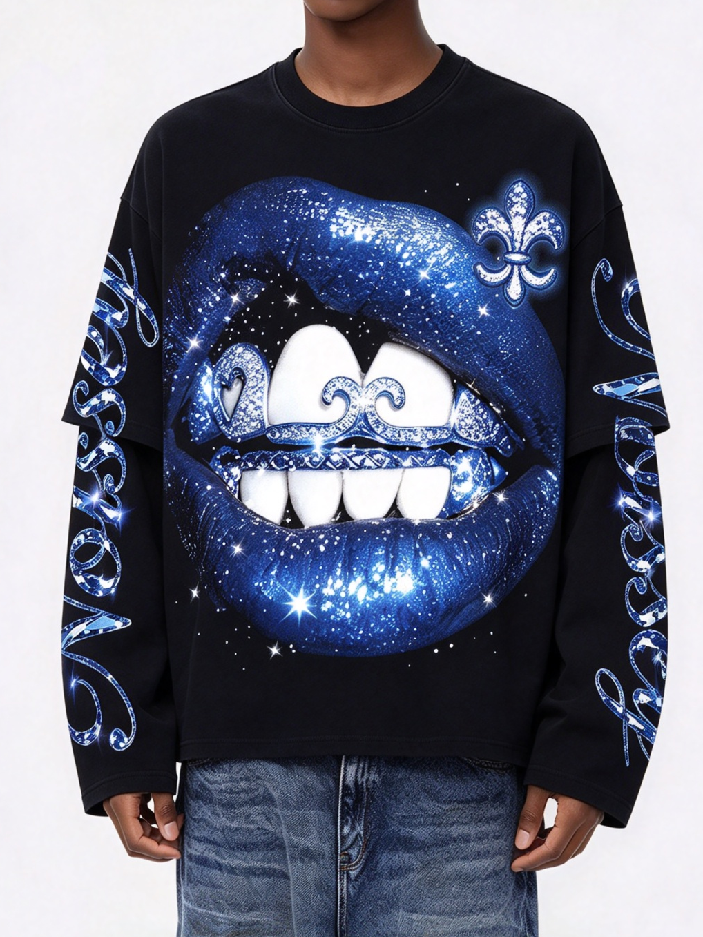 NOISSEY "Fleur-de-Lis Blue Diamond" Faux-Layered Long-Sleeve Shirt - Black