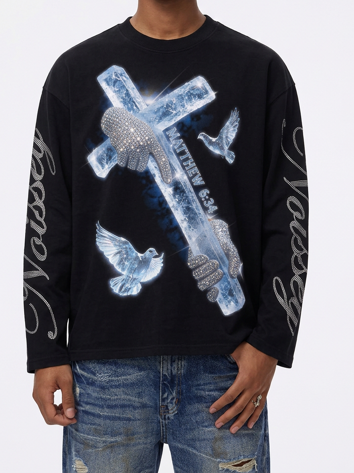 NOISSEY "Matthew 6:34" Crystal Cross & Diamond Hands Black Long Sleeve Tee